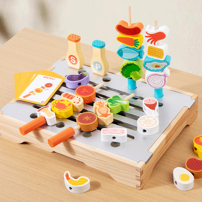 Home Cooking Cookbook - 子供用木製模造バーベキューグリルおもちゃ、ごっこ遊び、家庭料理、食品認識用、2つのスタイルで利用可能