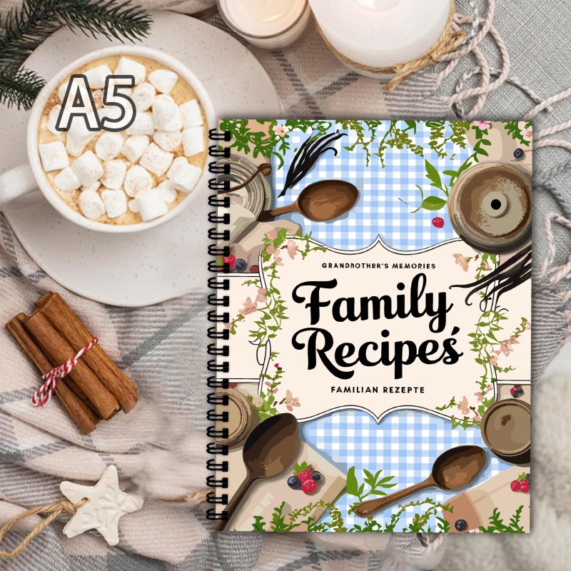 A5レシピブック、ブルーグリッド、蔓模様デザイン、家庭料理愛 - Home Cooking Cookbook のレビューと価格